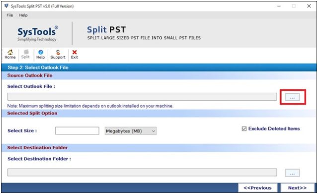 Browse and choose the Outlook PST file which you want to split