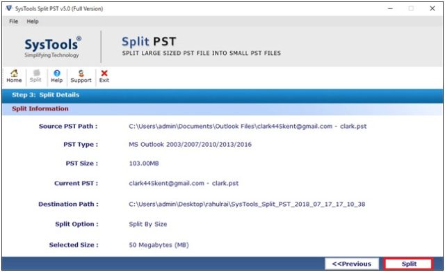 Hit on the Split option to start splitting large PST file into smaller parts