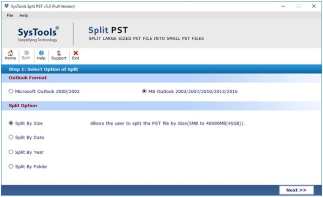 Select Outlook format and Split Option according to your need