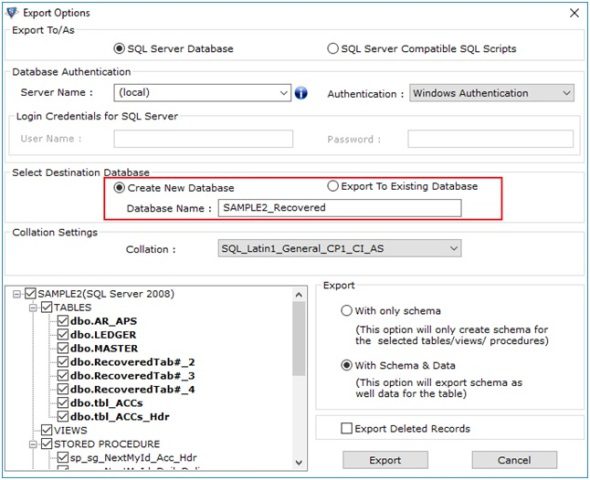 Select the destination database