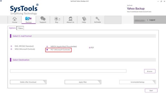 Select the PST format from the Select E-mail Format section 