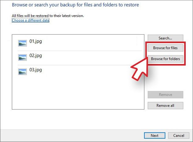 Use the Backup and Restore feature to recover files step two